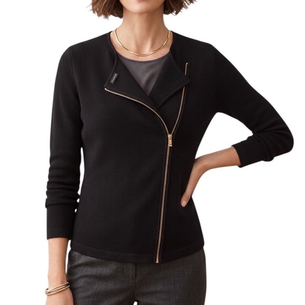 Ann Taylor Black Asymmetrical Zip Knit Jacket Womens Medium 100% Cotton Classic